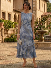2 Pieces A-Line/Princess Scoop Chiffon Mother of the Bride Dresses with Jacket Floral 3/4 Sleeves Tea-Length