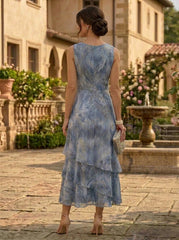 2 Pieces A-Line/Princess Scoop Chiffon Mother of the Bride Dresses with Jacket Floral 3/4 Sleeves Tea-Length