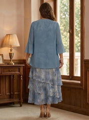 2 Pieces A-Line/Princess Chiffon Plus Size Mother of the Bride Dresses with Jacket Scoop Floral 3/4 Sleeves Tea-Length