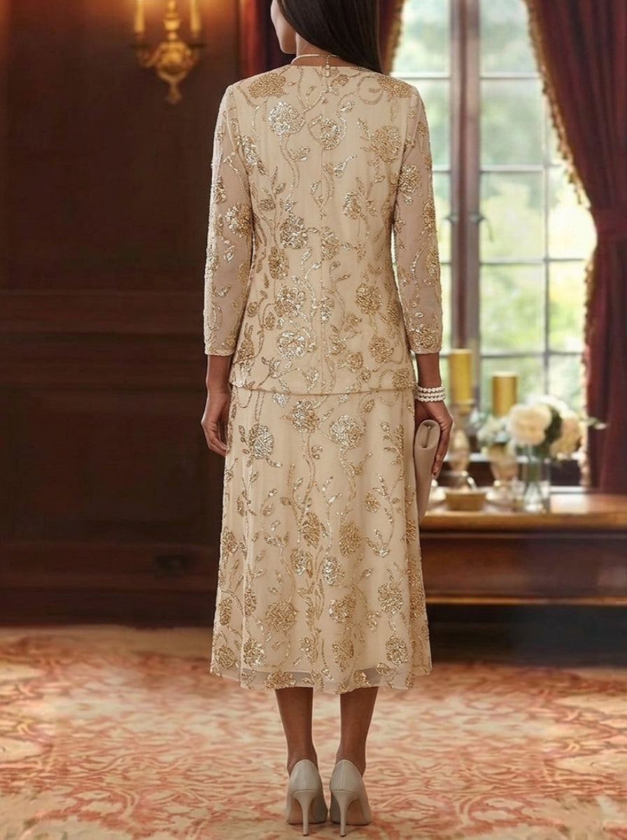 2 Pieces A-Line/Princess Scoop Mother of the Bride Dresses with Jacket Chiffon Sequins Tea-Length 3/4 Sleeves Floral