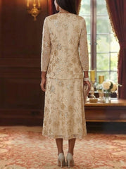 2 Pieces A-Line/Princess Scoop Mother of the Bride Dresses with Jacket Chiffon Sequins Tea-Length 3/4 Sleeves Floral
