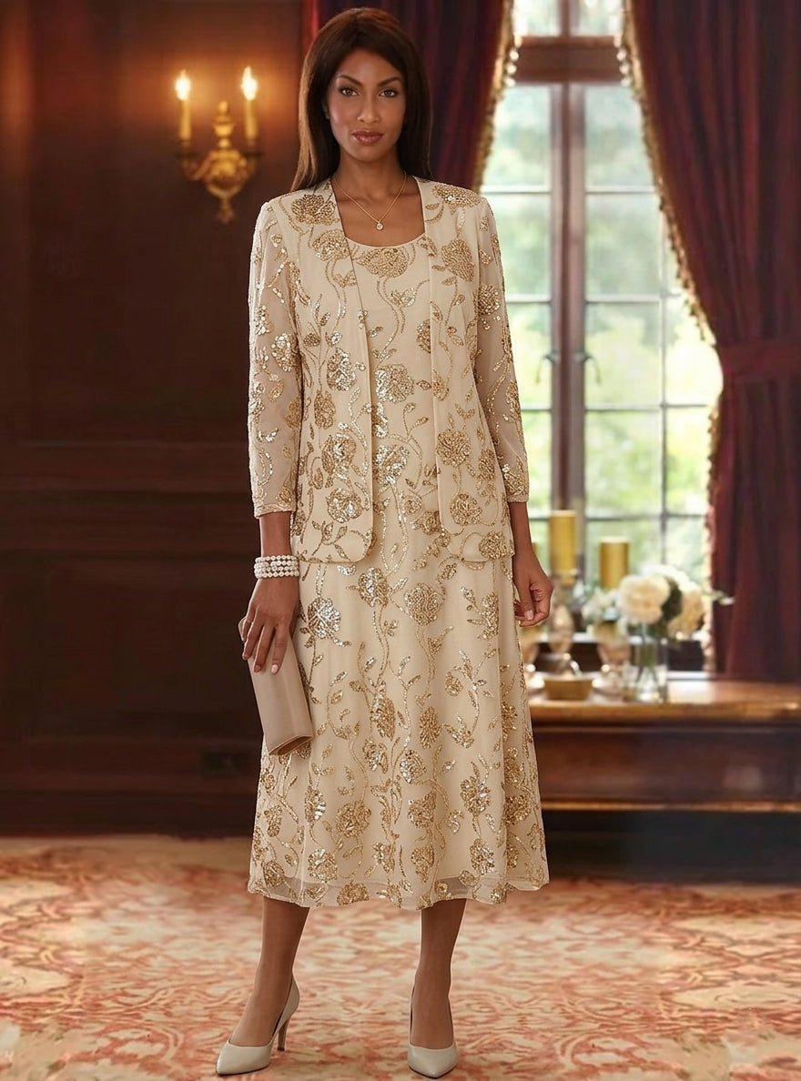 2 Pieces A-Line/Princess Scoop Mother of the Bride Dresses with Jacket Chiffon Sequins Tea-Length 3/4 Sleeves Floral