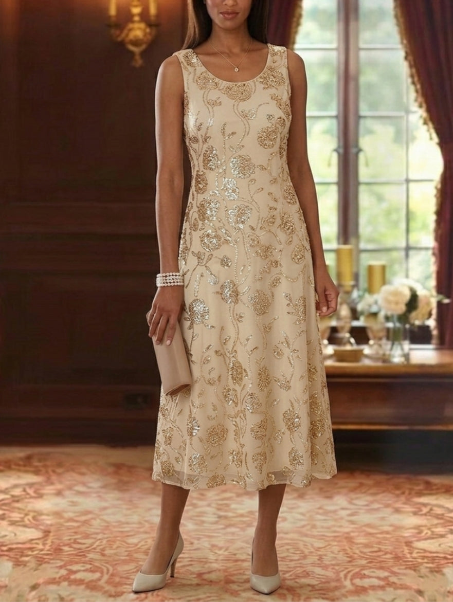 2 Pieces A-Line/Princess Scoop Mother of the Bride Dresses with Jacket Chiffon Sequins Tea-Length 3/4 Sleeves Floral