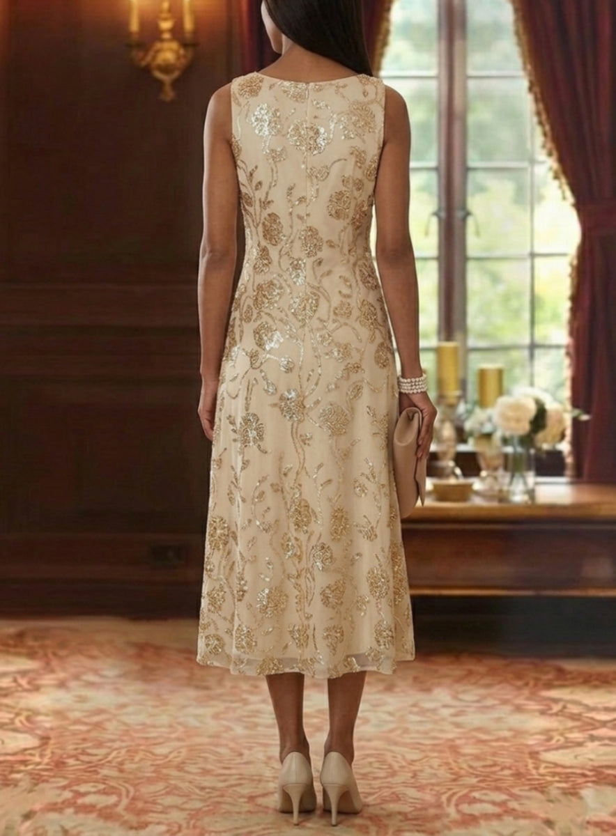 2 Pieces A-Line/Princess Scoop Mother of the Bride Dresses with Jacket Chiffon Sequins Tea-Length 3/4 Sleeves Floral