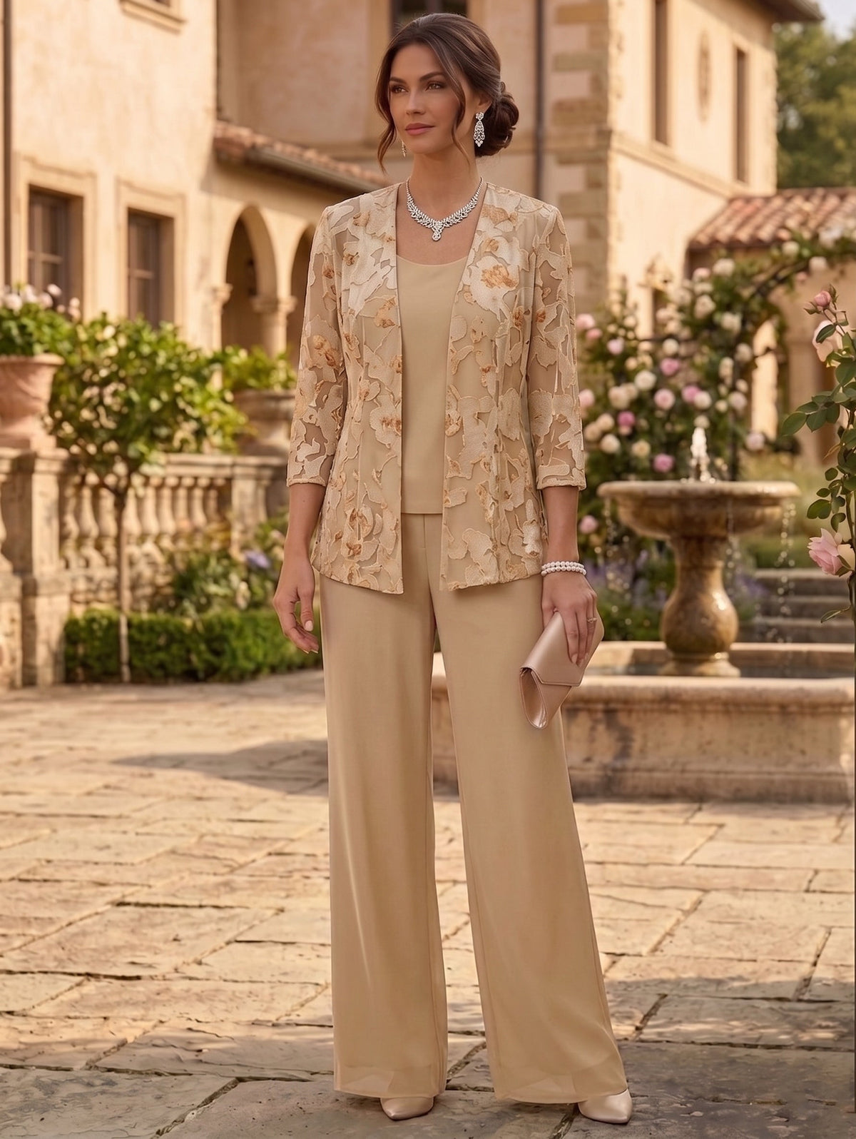 3 Pieces Suit Scoop Chiffon Lace Mother of the Bride Pantsuits with Jacket Floral Floor-Length 3/4 Sleeves