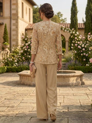 3 Pieces Suit Scoop Chiffon Lace Mother of the Bride Pantsuits with Jacket Floral Floor-Length 3/4 Sleeves