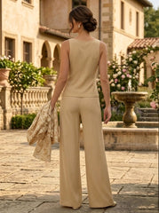 3 Pieces Suit Scoop Chiffon Lace Mother of the Bride Pantsuits with Jacket Floral Floor-Length 3/4 Sleeves
