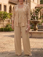 3 Pieces Suit Scoop Chiffon Lace Plus Size Mother of the Bride Pantsuits with Jacket Floral Floor-Length 3/4 Sleeves