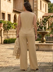 3 Pieces Suit Scoop Chiffon Lace Plus Size Mother of the Bride Pantsuits with Jacket Floral Floor-Length 3/4 Sleeves