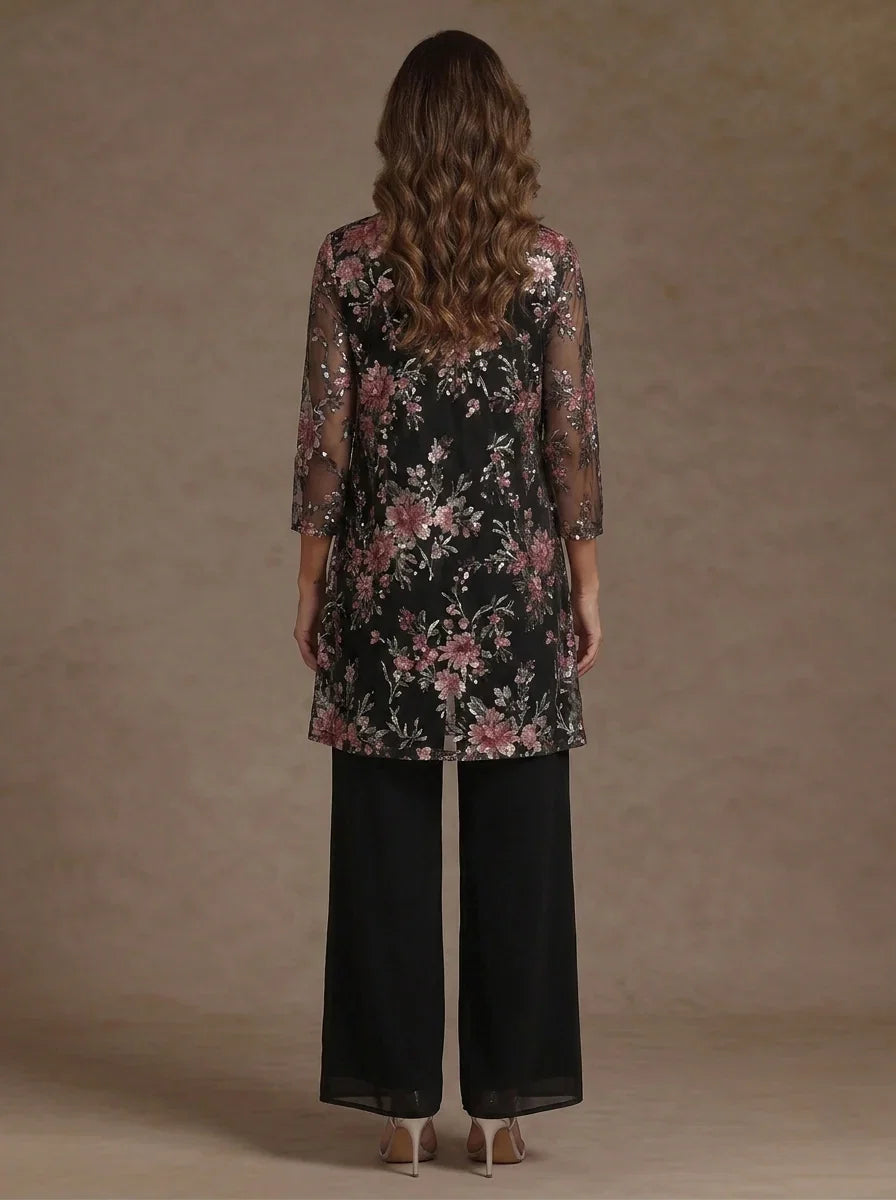 3 Pieces Suit Scoop Chiffon Mother of the Bride Pantsuits with Jacket Floral 3/4 Sleeves Ankle-Length