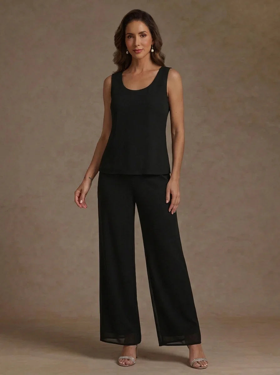 3 Pieces Suit Scoop Chiffon Mother of the Bride Pantsuits with Jacket Floral 3/4 Sleeves Ankle-Length