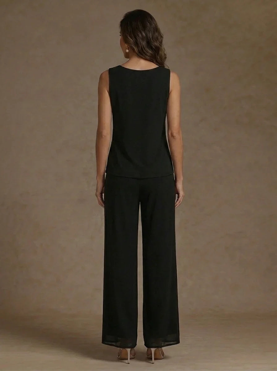 3 Pieces Suit Scoop Chiffon Mother of the Bride Pantsuits with Jacket Floral 3/4 Sleeves Ankle-Length