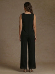3 Pieces Suit Scoop Chiffon Mother of the Bride Pantsuits with Jacket Floral 3/4 Sleeves Ankle-Length