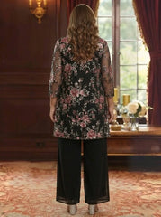 3 Pieces Suit Scoop Chiffon Plus Size Mother of the Bride Pantsuits with Jacket Floral 3/4 Sleeves Ankle-Length