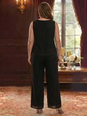 3 Pieces Suit Scoop Chiffon Plus Size Mother of the Bride Pantsuits with Jacket Floral 3/4 Sleeves Ankle-Length