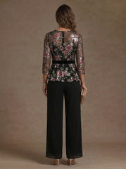 3 Pieces Suit Scoop Chiffon Mother of the Bride Pantsuits Floral 3/4 Sleeves Ankle-Length