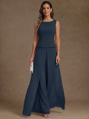 3 Pieces Suit Scoop Chiffon Mother of the Bride Pantsuits with Jacket Overskirt Lace Ankle-Length 3/4 Sleeves