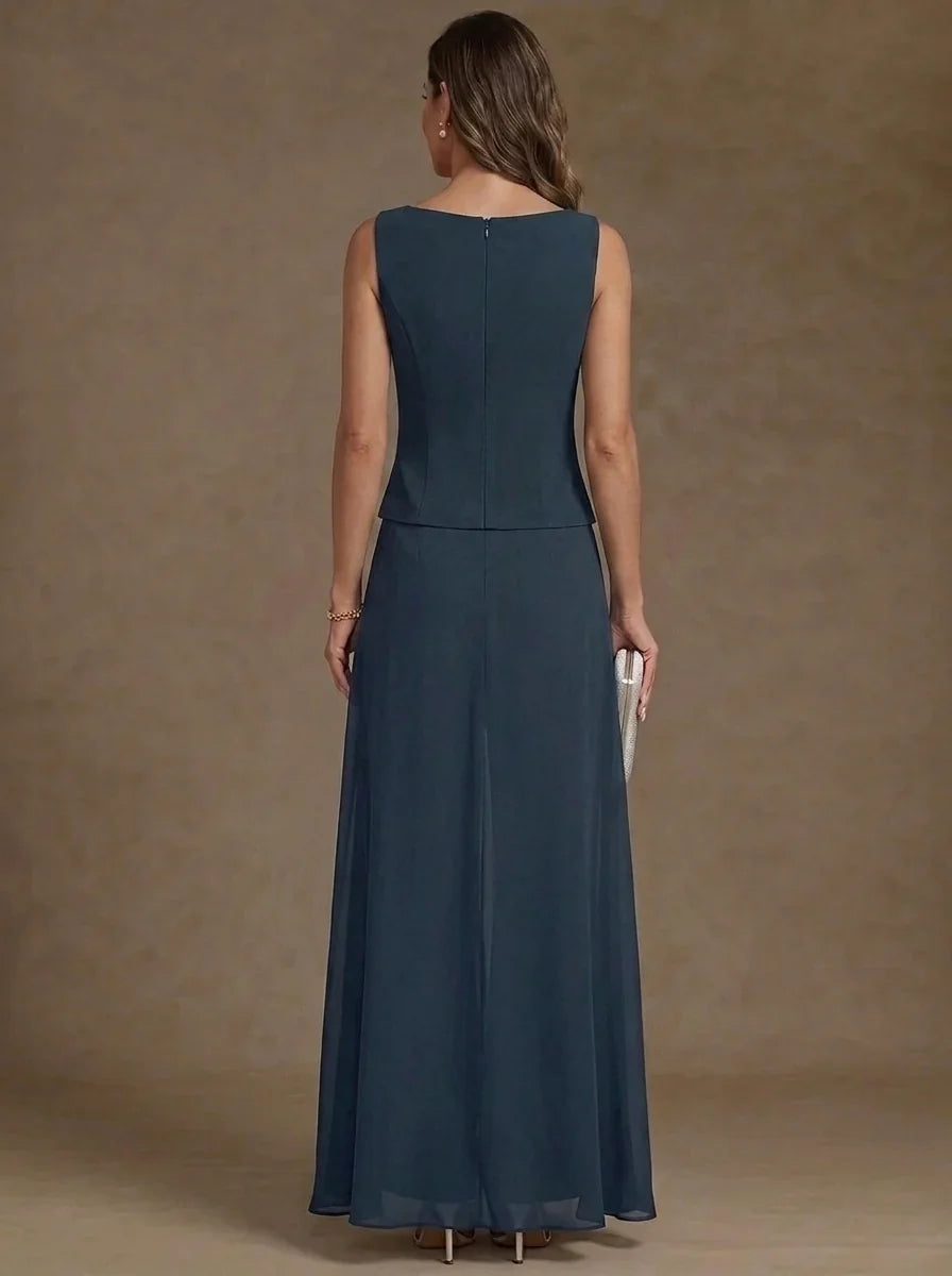 3 Pieces Suit Scoop Chiffon Mother of the Bride Pantsuits with Jacket Overskirt Lace Ankle-Length 3/4 Sleeves