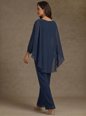 2 Pieces Suit Scoop Chiffon Mother of the Bride Pantsuits Ankle-Length Long Sleeves Ruffles