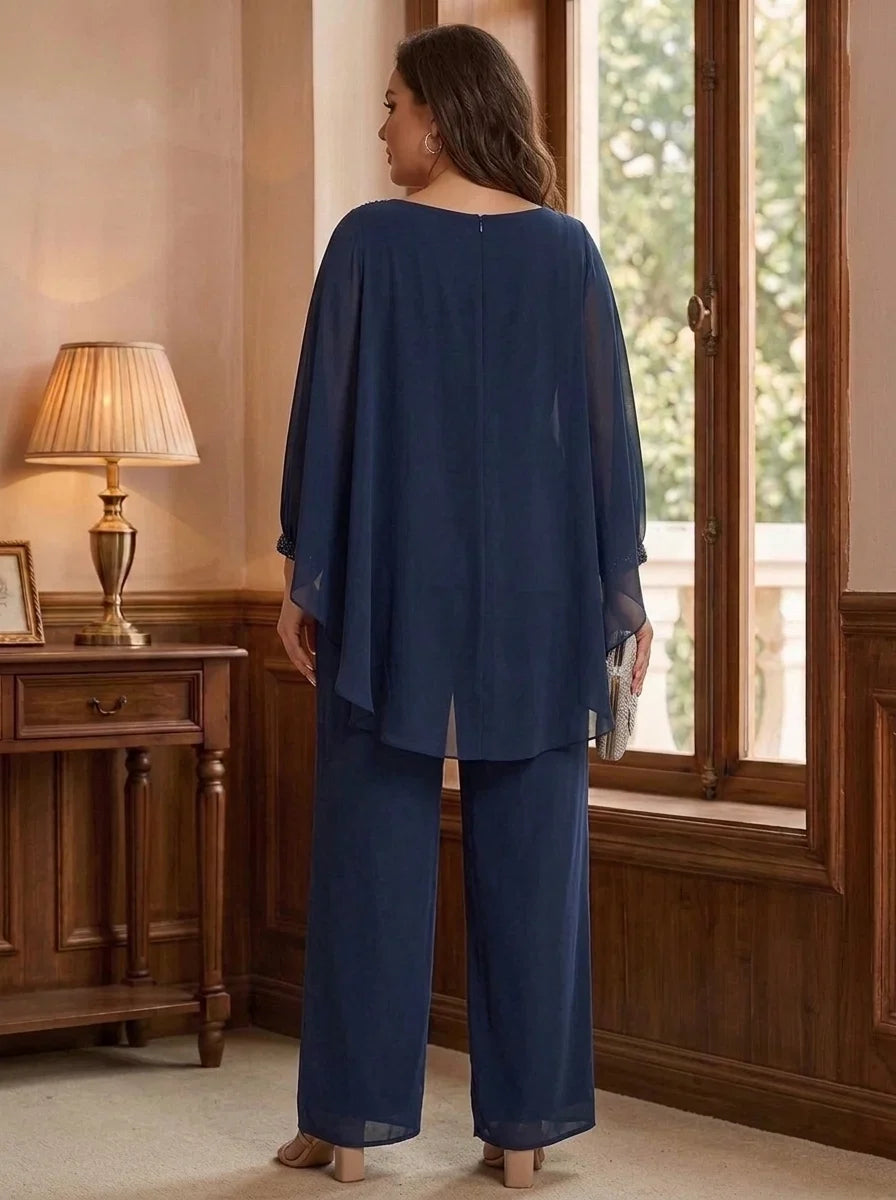 2 Pieces Suit Scoop Chiffon Plus Size Mother of the Bride Pantsuits Ankle-Length Long Sleeves Ruffles