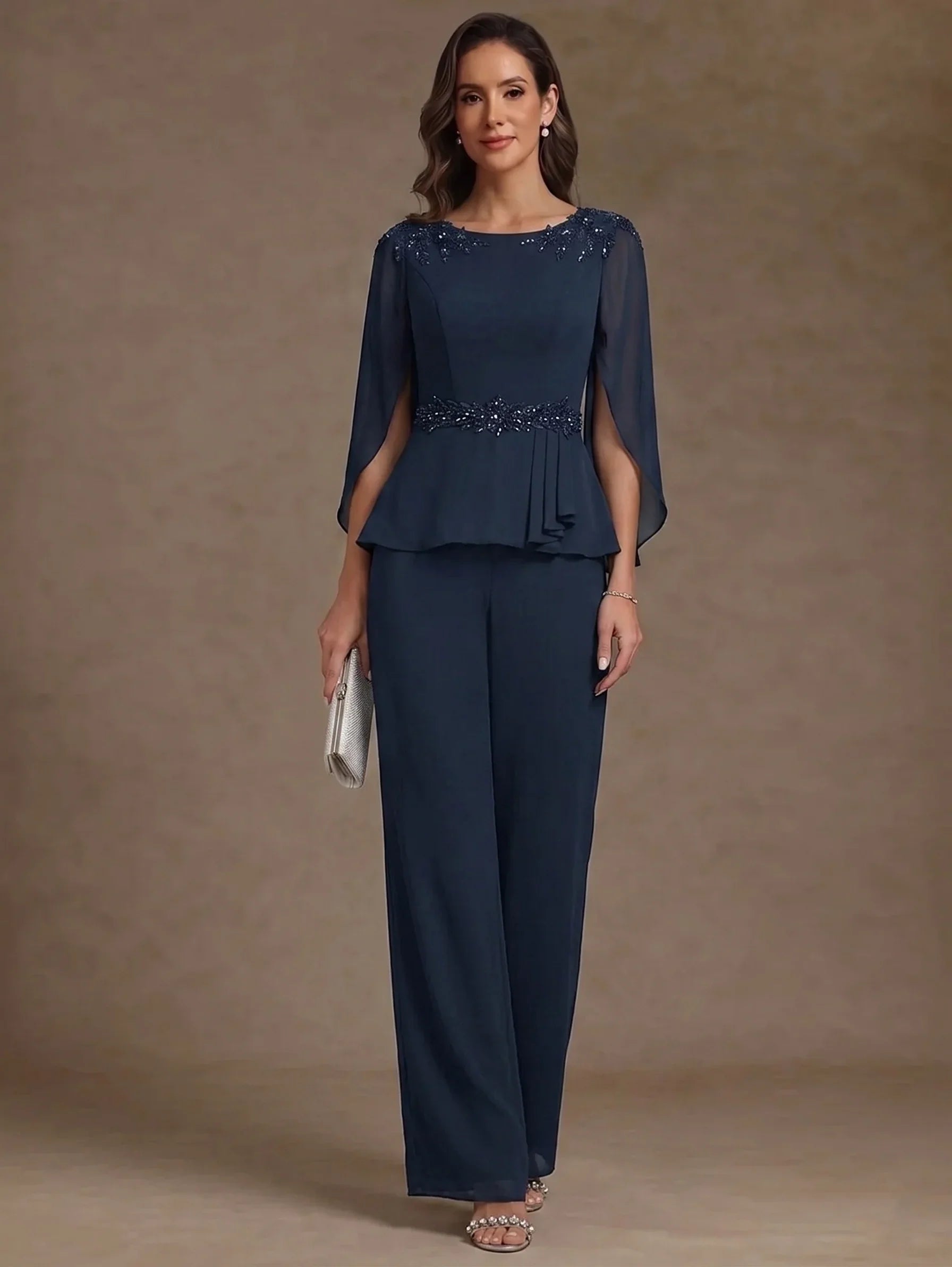 2 Pieces Suit Scoop Chiffon Mother of the Bride Pantsuits Ankle-Length 3/4 Sleeves Beading