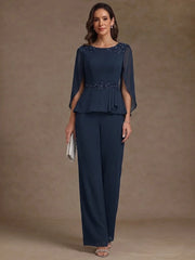 2 Pieces Suit Scoop Chiffon Mother of the Bride Pantsuits Ankle-Length 3/4 Sleeves Beading