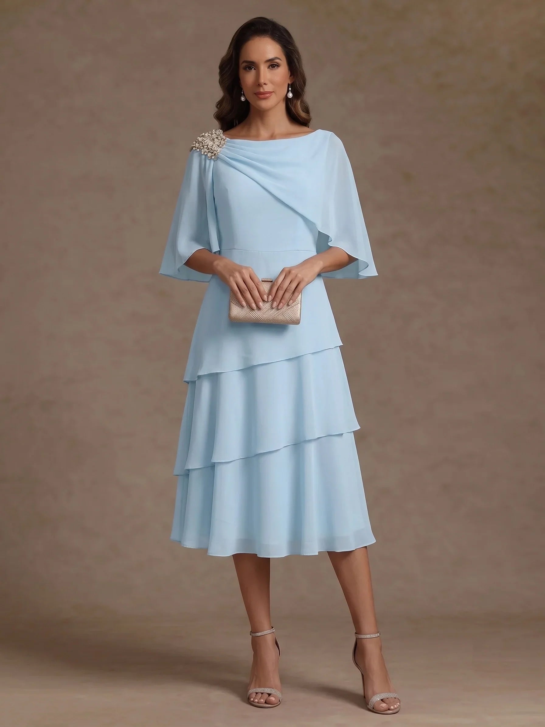 A-Line/Princess Boat Neck Chiffon Mother of the Bride Dresses Tea-Length Cape Sleeves Ruffles