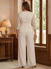 2 Pieces Suit V-Neck Chiffon Plus Size Mother of the Bride Pantsuits Ankle-Length 3/4 Sleeves Lace Embroidery