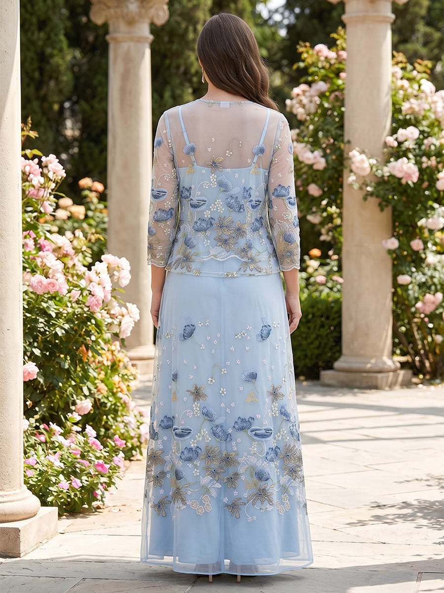 2 Pieces A-Line/Princess V-Neck Floral Lace Plus Size Mother of the Bride Dresses Floor-Length 3/4 Sleeves with Jacket
