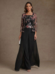 3 Pieces Suit Square Collar Chiffon Mother of the Bride Pantsuits with Jacket Overskirt Floral Sequins Ankle-Length 3/4 Sleeves