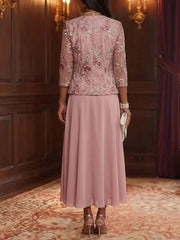 2 Pieces A-Line/Princess Scoop Chiffon Mother of the Bride Dresses with Jacket Floral Tea-Length 3/4 Sleeves
