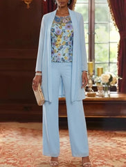 3 Pieces Scoop Chiffon Mother of the Bride Pantsuits with Jacket Ankle-Length Long Sleeves Floral