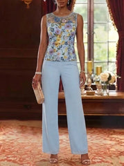 3 Pieces Scoop Chiffon Mother of the Bride Pantsuits with Jacket Ankle-Length Long Sleeves Floral