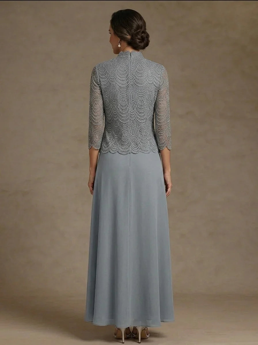 2 Pieces A-Line/Princess Scoop Chiffon Mother of the Bride Dresses Ankle-Length 3/4 Sleeves&Sleeveless with Lace Jacket