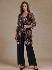 3 Pieces Scoop Chiffon Mother of the Bride Pantsuit Floral Ankle-Length 3/4 Sleeves&Sleeveless with Jacket