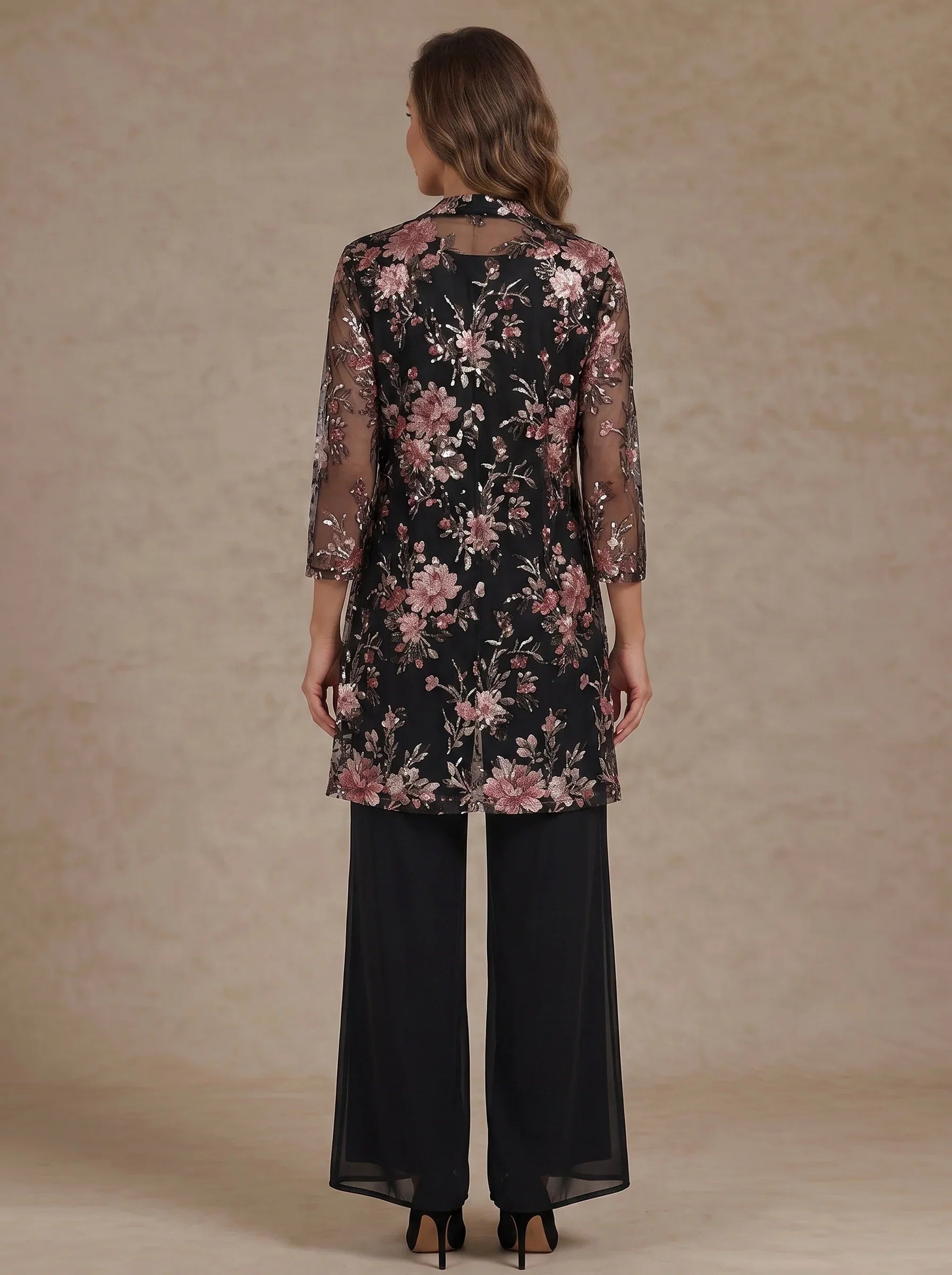 3 Pieces Scoop Chiffon Mother of the Bride Pantsuit Floral Ankle-Length 3/4 Sleeves&Sleeveless with Jacket