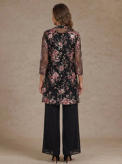 3 Pieces Scoop Chiffon Mother of the Bride Pantsuit Floral Ankle-Length 3/4 Sleeves&Sleeveless with Jacket