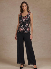 3 Pieces Scoop Chiffon Mother of the Bride Pantsuit Floral Ankle-Length 3/4 Sleeves&Sleeveless with Jacket