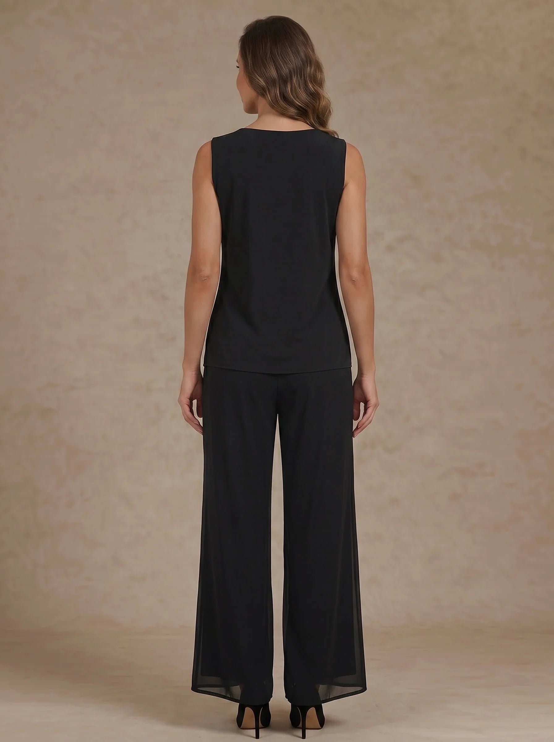3 Pieces Scoop Chiffon Mother of the Bride Pantsuit Floral Ankle-Length 3/4 Sleeves&Sleeveless with Jacket