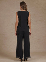 3 Pieces Scoop Chiffon Mother of the Bride Pantsuit Floral Ankle-Length 3/4 Sleeves&Sleeveless with Jacket