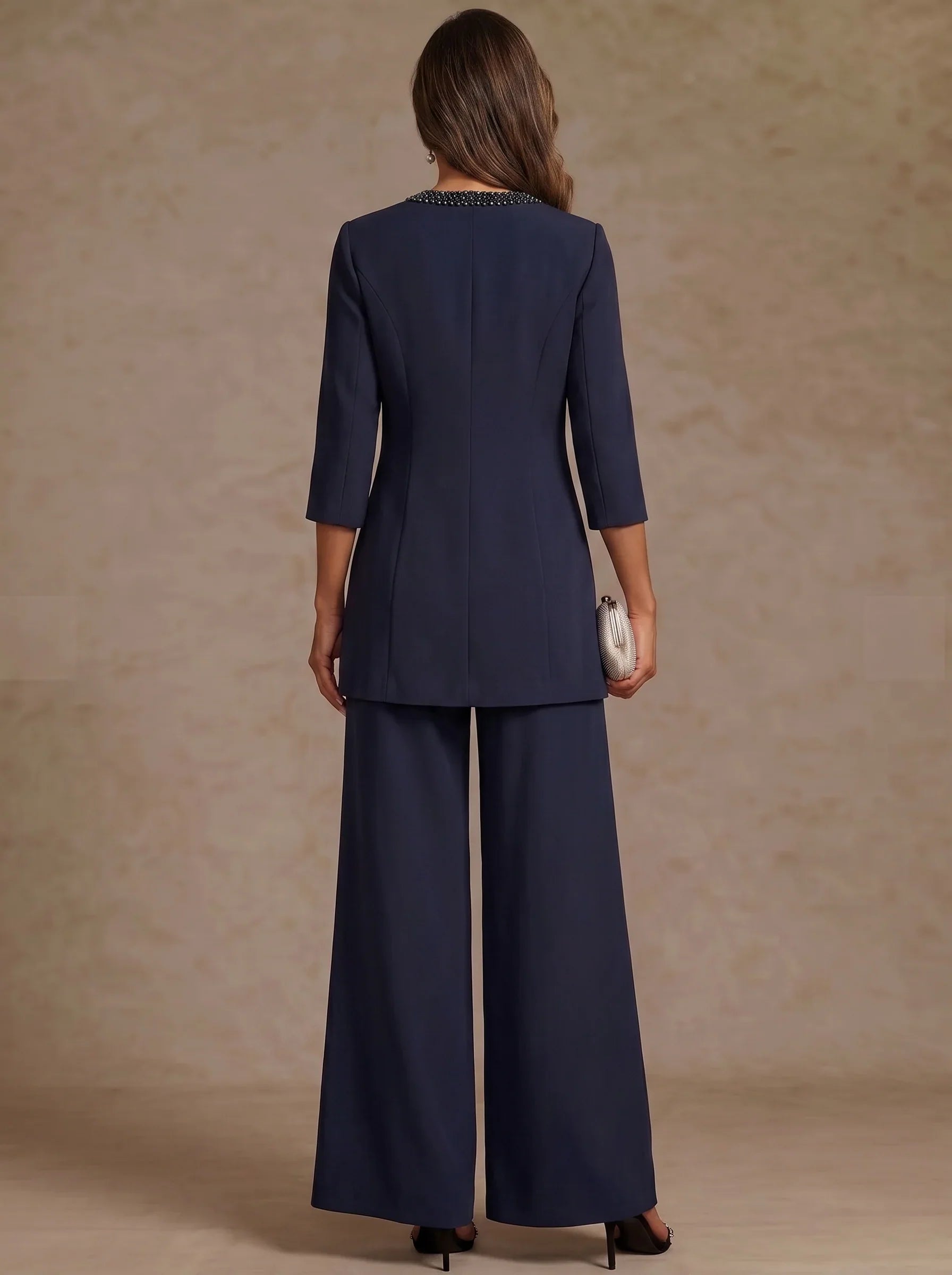 3 Pieces Scoop Chiffon Mother of the Bride Pantsuit Ankle-Length 3/4 Sleeves&Sleeveless Rhinestones with Jacket