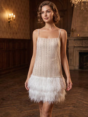 1920s A-Line/Princess Spaghetti Straps Sequins Vintage Dresses Sleeveless With Feathers