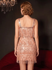 1920s Sheath/Column Vintage Tassels Costume Party Dresses Short/Mini Dresses Square Neck