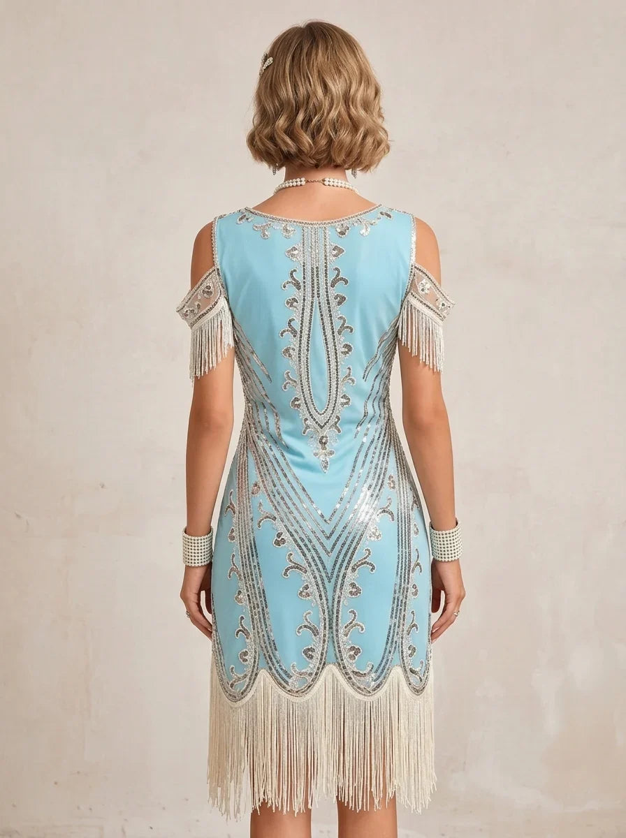 1920s The Great Gatsby Outfit A-Line/Princess Short Sleeves Sequins Tassels Vintage Dresses