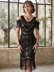 1920s The Great Gatsby Outfit Sheath/Column V-Neck Short Sleeves Sequins Tassels Vintage Dresses Tea-Length