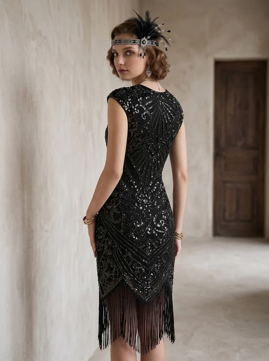 1920s The Great Gatsby Outfit Sheath/Column Scoop Short Sleeves Sequins Tassels Vintage Dresses Tea-Length