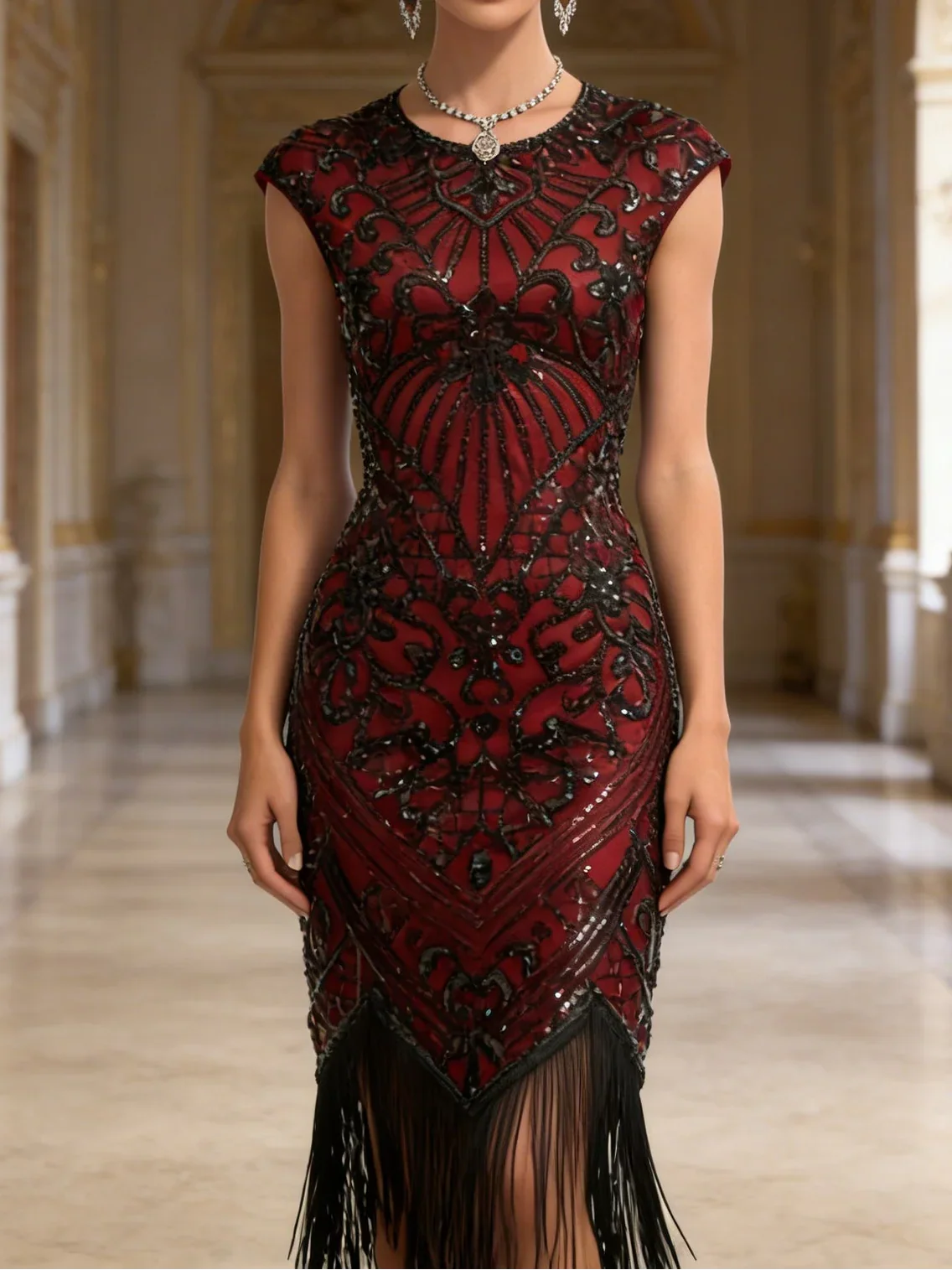 1920s The Great Gatsby Outfit Sheath/Column Scoop Short Sleeves Sequins Tassels Vintage Dresses Tea-Length