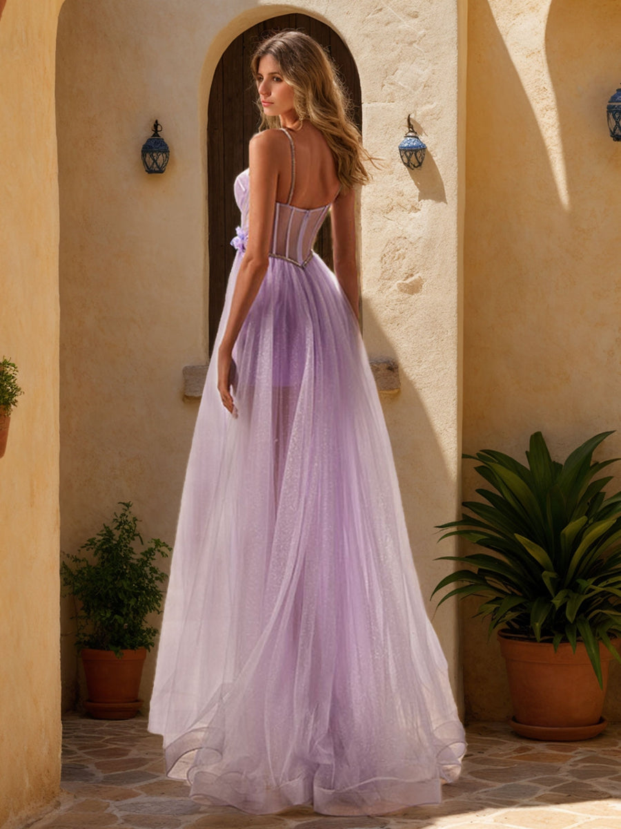 A-Line Spaghetti Straps Sleeveless Pleated Long Prom Dresses with Split Side & Appliques