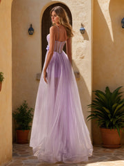 A-Line Spaghetti Straps Sleeveless Pleated Long Prom Dresses with Split Side & Appliques