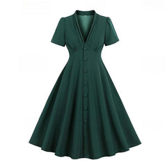 A-Line/Princess 1950s V-Neck Short Sleeves Ruched Vintage Dresses with Pleats & Bow & Buttons